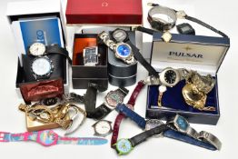 A BOX OF ASSORTED WATCHES, to include a selection of ladys and gents wrist watches, names to include