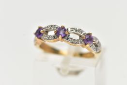 A 9CT YELLOW GOLD, AMETHYST AND DIAMOND RING, designed with three claw set, circular cut