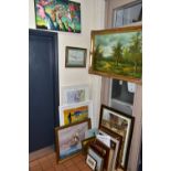 A QUANTITY OF PAINTINGS AND PRINTS ETC, to include C. Innes 'Woodland Landscape' oil on canvas,