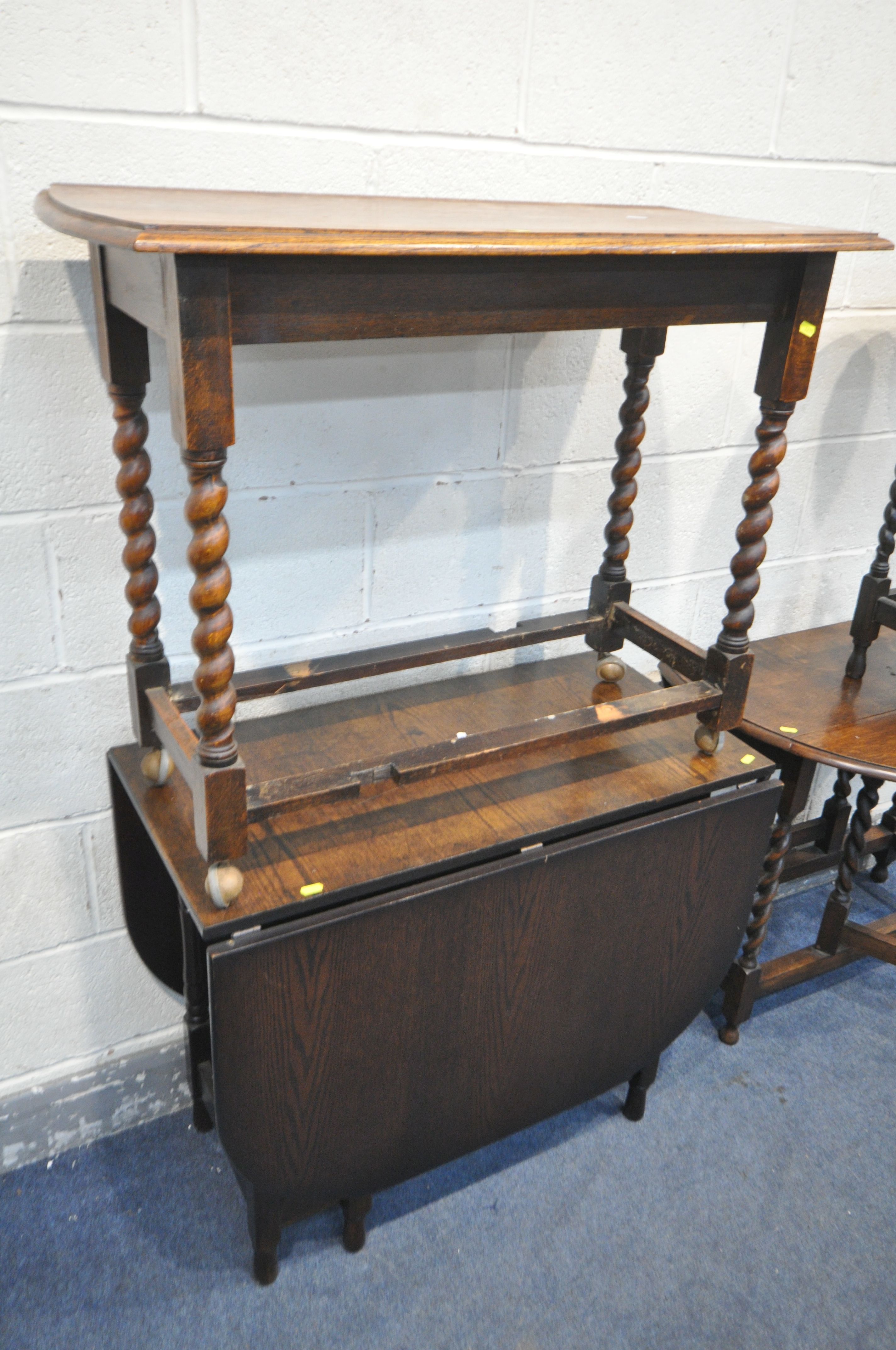 FOUR VARIOUS OAK TABLES, to include a slim oak barley twist gate leg table, an oak gate leg table, - Image 3 of 3