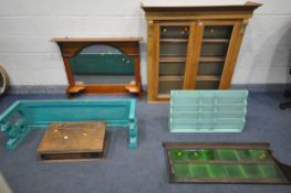 A SELECTION OF PART ITEMS OF FURNITURE, to include an oak glazed two drawer dresser top, with