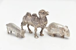 THREE SILVER ANIMAL FIGURES, to include a camel, mouse and pig, all have hallmarks or marks to