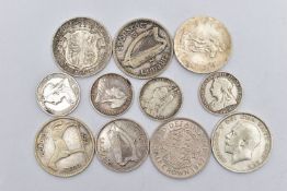 A BAG OF ASSORTED COINS, to include three half crowns, dated 1942, 1919, 1916, a single 'Eire