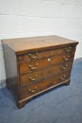 A GEORGIAN AND LATER OAK CHEST OF THREE LONG GRADUATED DRAWERS, the later top half front folding
