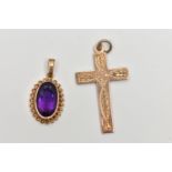 A 9CT GOLD AMETHYST PENDANT AND YELLOW METAL PENDANT, an oval cut amethyst, collect set in yellow