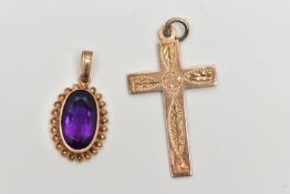 A 9CT GOLD AMETHYST PENDANT AND YELLOW METAL PENDANT, an oval cut amethyst, collect set in yellow