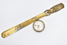 A LETTER OPENER AND A POCKET WATCH, brass letter opener with a floral pattern, together with an open