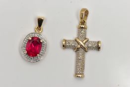 TWO 9CT GOLD PENDANTS, the first a synthetic oval cut ruby with a white gold surround and four