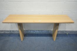 A DANISH STYLE LIGHT ASH CONSOLE SIDE TABLE, with a fold over extending top, on twin legs, length
