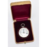 A CASED LADIES OPEN FACE POCKET WATCH, key wound, white metal pocket watch, round white dial