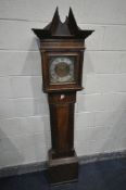 A GEORGIAN MAHOGANY GRANDDAUGHTER CLOCK, the later hood enclosing a 8 inch silvered and brass
