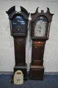 TWO GEORGIAN OAK LONGCASE CLOCKS, one clock with a 30 hour movement and painted dial, height