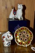 TWO ROYAL CROWN DERBY PAPERWEIGHTS AND AN 1128 IMARI SOLID GOLD BAND TRINKET DISH, comprising a