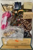A PLASTIC BOX OF ASSORTED COSTUME JEWELLERY, to include imitation pearl necklaces, earrings,