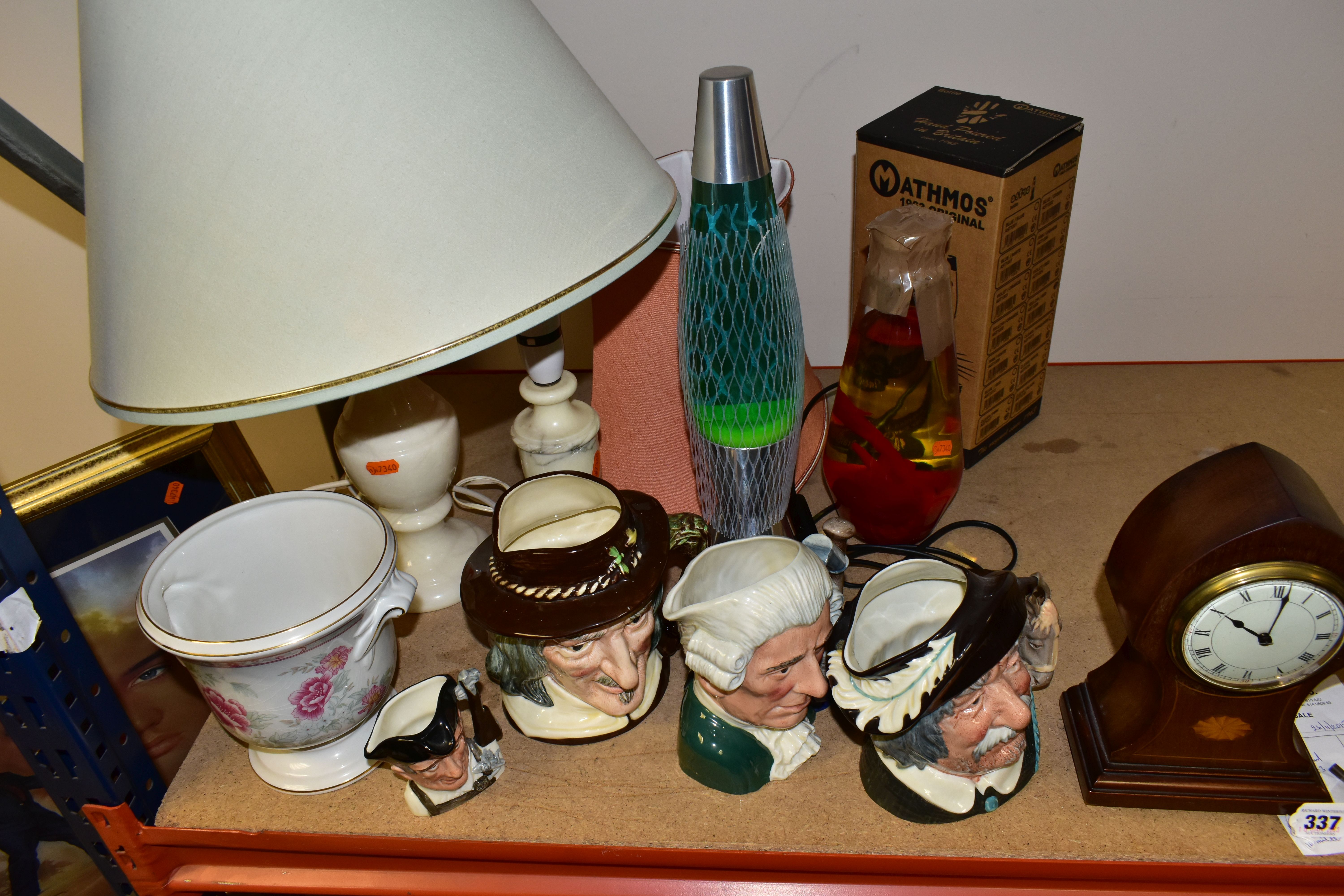 A GROUP OF CHARACTER JUGS AND TABLE LAMPS, to include an Edwardian keyhole shaped mantle clock - Image 3 of 5