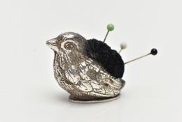 A SILVER NOVELTY PIN CUSHION, designed as a chick, approximate length 40mm, maker's mark H&SJ?,