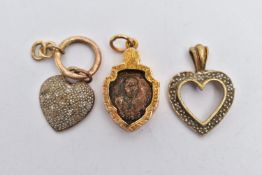 THREE PENDANTS, the first a yellow gold, open work heart pendant, set with single cut diamond