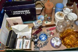 A BOX OF MOTORING BADGES, A MEISSEN COVERED BOWL, STAMPS AND SUNDRY ITEMS, to include a Mr Therm