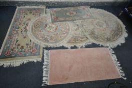 FIVE VARIOUS CHINESE RUGS, to include three circular and two rectangular rugs, along with two