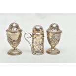 THREE SILVER PEPPERETTES, two matching pepperettes decorated with a floral design, hallmarked '