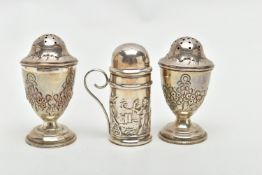 THREE SILVER PEPPERETTES, two matching pepperettes decorated with a floral design, hallmarked '