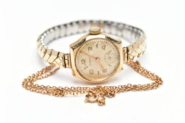 A 9CT GOLD WRIST WATCH AND YELLOW METAL CHAIN, hand wound movement, round dial signed 'Ensign',