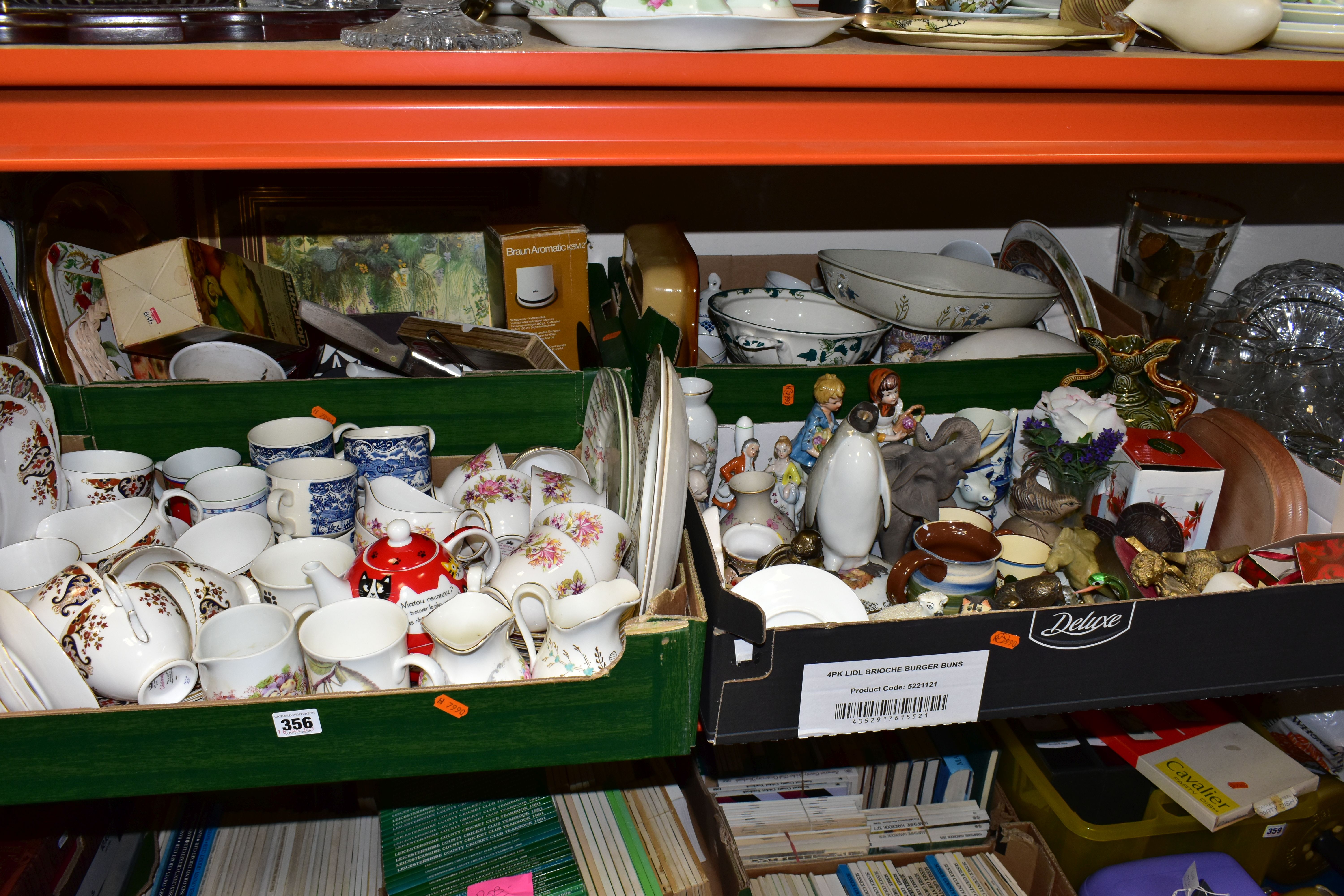 FIVE BOXES OF TEA WARES, ORNAMENTS AND GLASS WARE, to include a Colclough tea set pattern No.