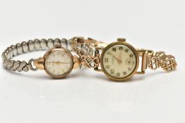 A 9CT GOLD WRIST WATCH AND ROLLED GOLD WRIST WATCH, the first a hand wound movement, round dial