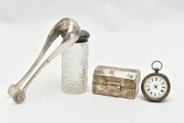 ASSORTED SILVER AND WHITE METAL ITEMS, to include a silver lidded glass jar, hallmarked 'C T Burrows