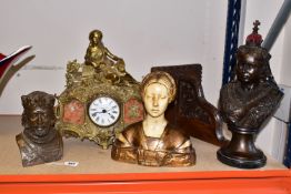 A GROUP OF THREE BUSTS AND A BRASS MANTLE CLOCK, comprising a French Art Deco style plaster bust
