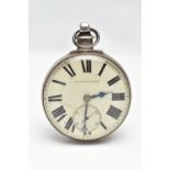 A SILVER OPEN FACE POCKET WATCH, key wound, round white ceramic dial signed 'Improved Patent', large