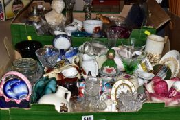 TWO BOXES OF GLASS AND CERAMIC ORNAMENTS, to include a W.H Goss Crested Ware ewer, a plaster bust of