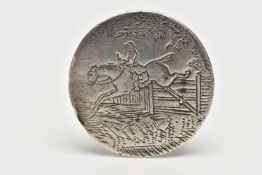 A SINGLE SILVER HUNTING BUTTON, of a circular form, engraved with a jockey and horse jumping over
