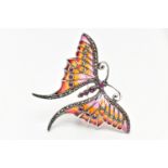 A PLIQUE A JOUR GEM AND MARCASITE BUTTERFLY BROOCH/PENDANT, the red to orange plique-a-jour wings