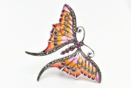 A PLIQUE A JOUR GEM AND MARCASITE BUTTERFLY BROOCH/PENDANT, the red to orange plique-a-jour wings