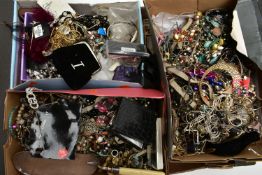 A BOX OF ASSORTED COSTUME JEWELLERY, various beaded jewellery, brooches, earrings, rings, bangles