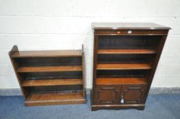 A MAHOGANY OPEN BOOKCASE, with two adjustable shelves, above double cupboard doors, with one key,