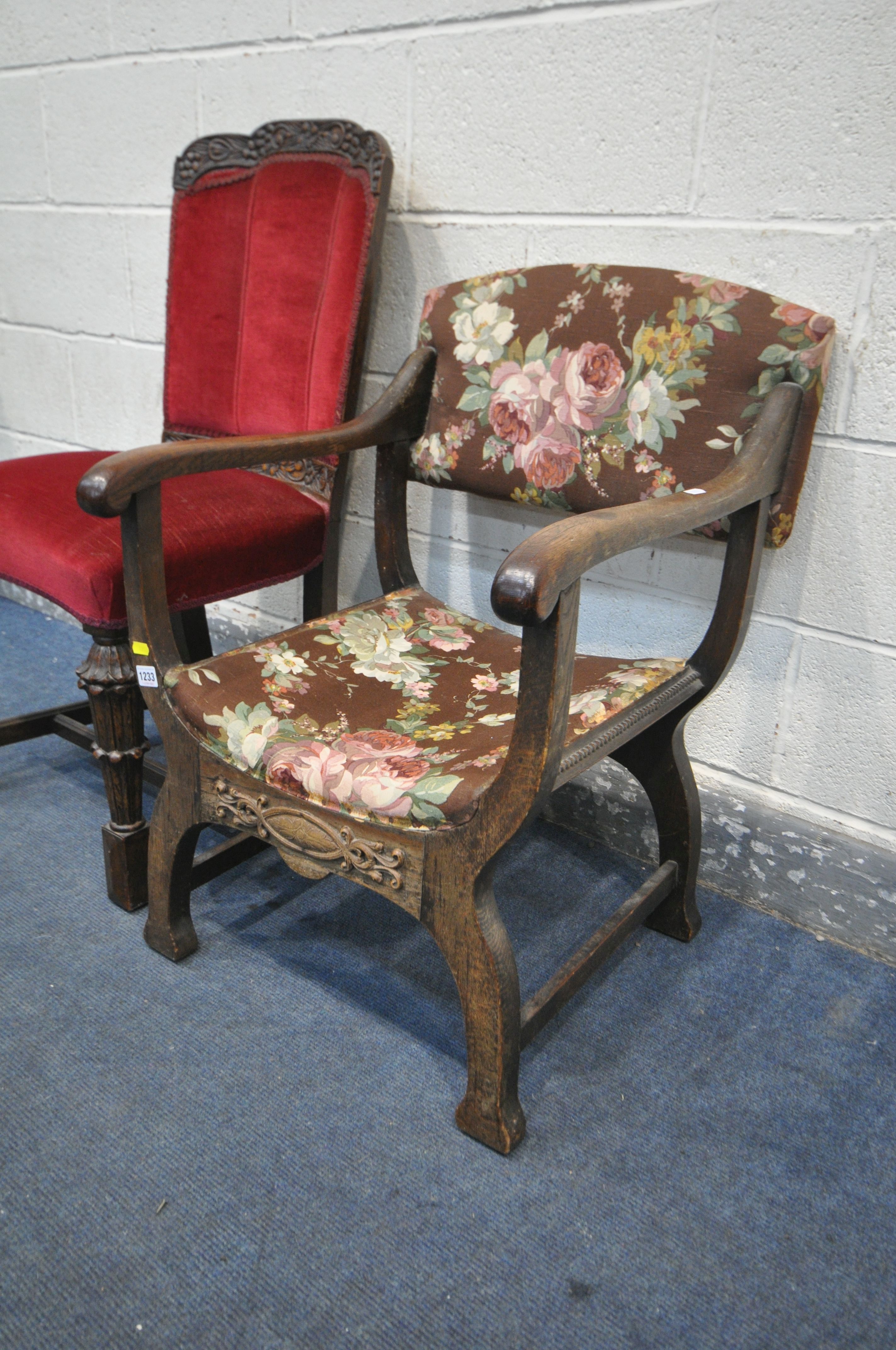 A MID CENTURY OAK CHAIR, with red upholstery, foliate carving to back rest, a concave seat, on front - Image 2 of 3