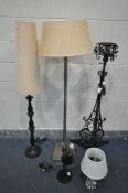 VARIOUS LIGHTING, to include a wrought iron converted oil lamp, an ebonised turned standard lamp