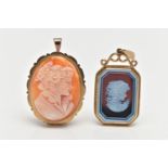 TWO CAMEO PENDANTS, the first a modern agate cameo set in 9ct yellow gold Birmingham 1995,