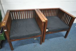 A NEAR PAIR OF HARDWOOD STICKLEY MISSION STYLE BOX FRAMED ARMCHAIRS, with removable cushions,