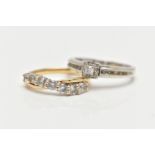 TWO DRESS RINGS, the first a round brilliant diamond set within a square halo of round brilliant cut