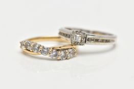 TWO DRESS RINGS, the first a round brilliant diamond set within a square halo of round brilliant cut