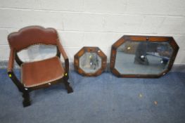 AN EARLY TO MID 20TH CENTURY OAK WALL MIRROR, with canted corners, and a similar octagonal mirror,
