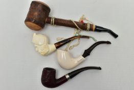 FOUR MODERN SMOKING PIPES, to include a porcelain pipe, signed 'Old Mokum' handmade wooden pipe,