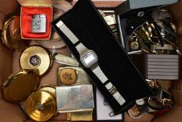 A BOX OF ASSORTED COMPACTS AND WRISTWATCHES, to include three 'Stratton' compacts, two other