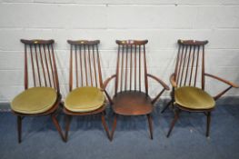 FOUR DARK ERCOL GOLDSMITH CHAIRS, including two carvers (condition:-worn finish, and missing one