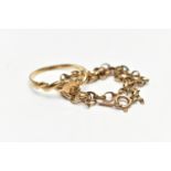A 9CT GOLD RING AND A BRACELET, the ring designed with a polished heart to the centre, twisted