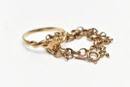 A 9CT GOLD RING AND A BRACELET, the ring designed with a polished heart to the centre, twisted