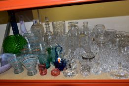 A LARGE QUANTITY OF CUT CRYSTAL AND COLOURED GLASS WARE, comprising a blue and white striped Art